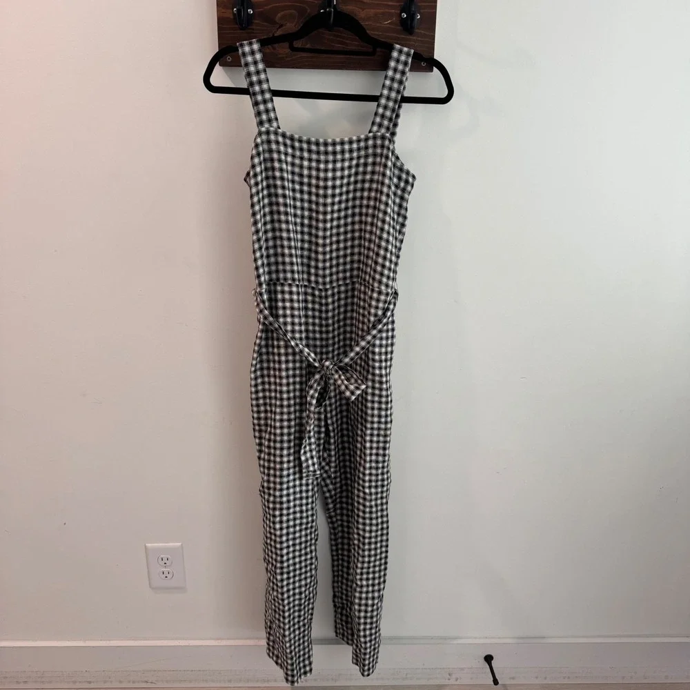 Quince 100% Linen Gingham Jumpsuit Black White Check Tie Waist XS